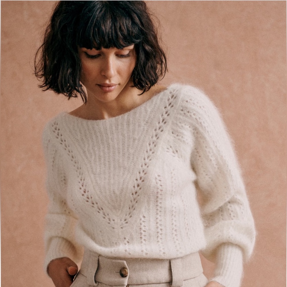 Sezane Cream Knit Scoop Neck Sweater